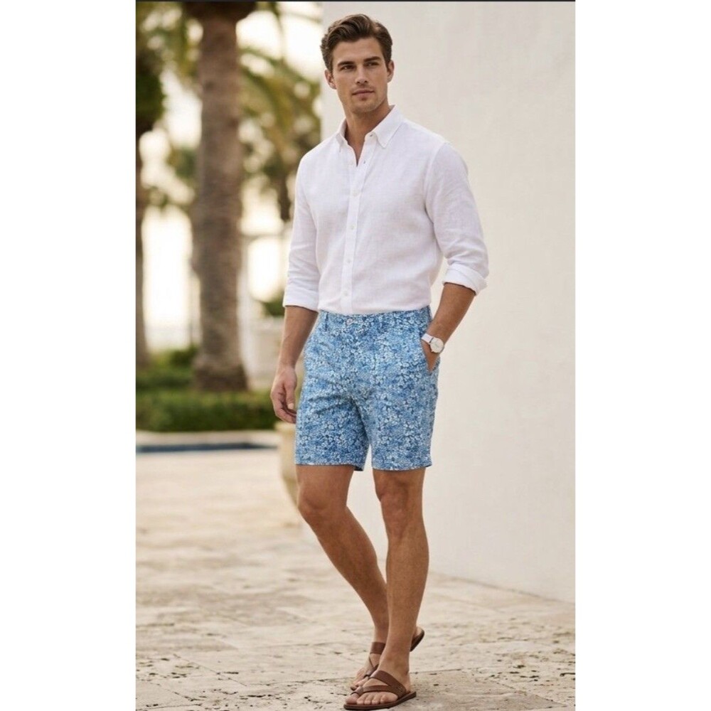 Lilly Pulitzer Mens 34 Blue Floral Beaumont Cotton Stretch 9" Shorts Coastal NWT
